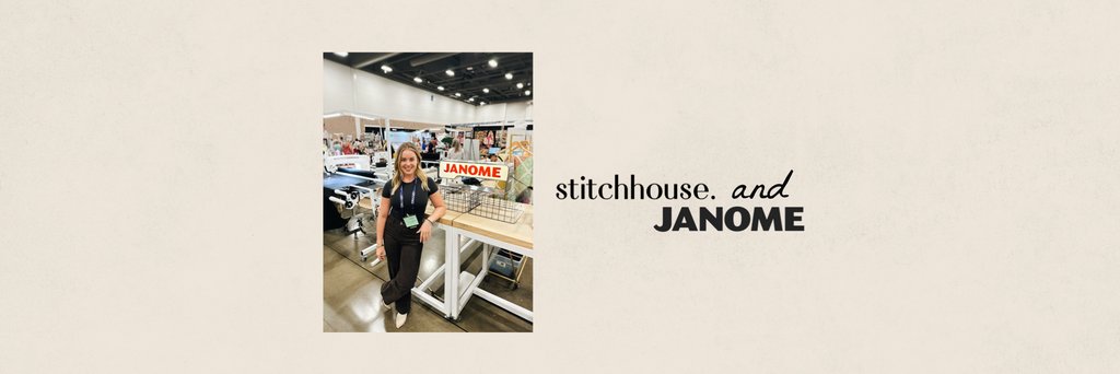 Jessica Bermudez the founder of Stitchhouse stands next to a Janome machine at the Original Sewing & Quilt Expo in Dallas Texas 